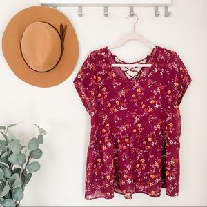 Xhilaration Floral Boho Tie Back Babydoll Top